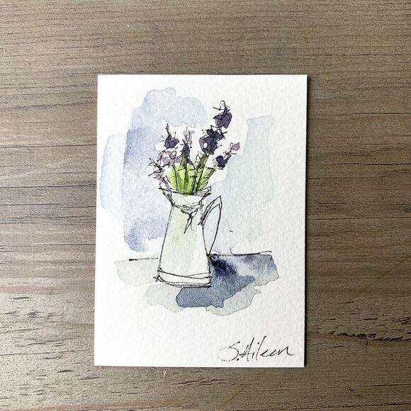 ACEO Painting Watercolor Ink Lavender Purple Flower in Vase Botanical Signed - Picture 2 of 2